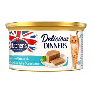Märg kassitoit Butcher's Delicious Dinners Mousse tuunikala ja ookeanikalaga, purk 85 g, täiskasvanud, suhkru- ja gluteenivaba