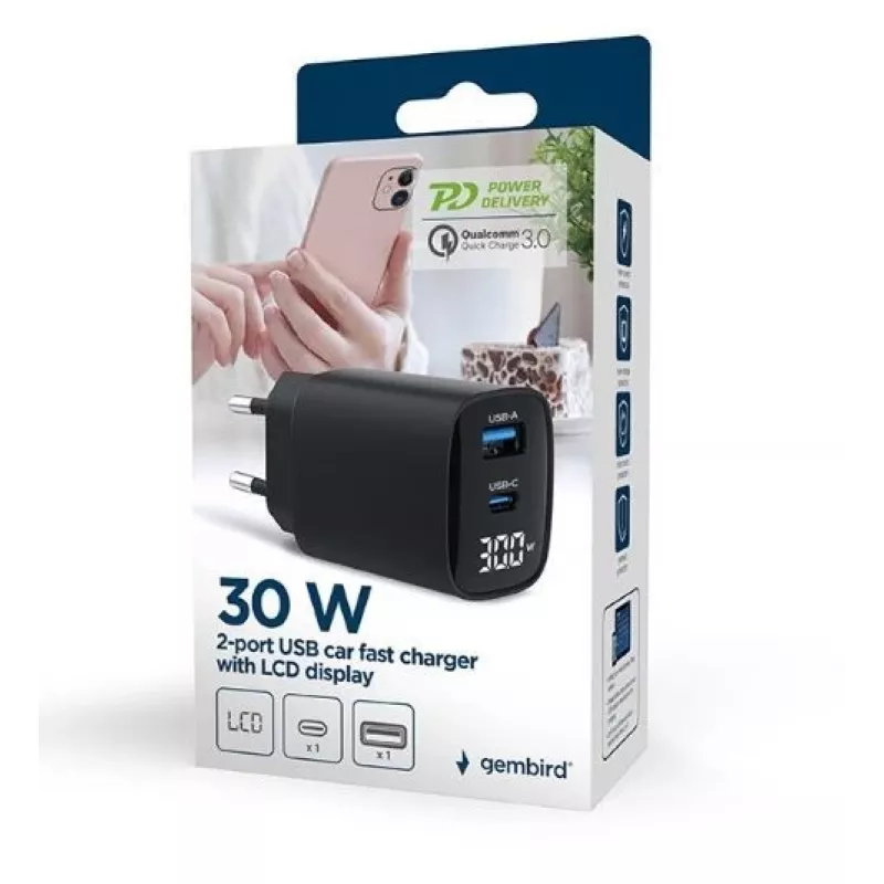 Mobiilseadme laadija Gembird TA-UC-PDQC30LCD-BK-01 kiirlaadimine must