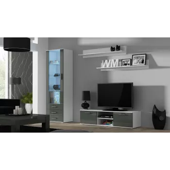 TV-kapp cama meble SOHO 140 — 1400×430×370 mm, valge pealispind, puitlaastplaat, valge raam, valge/hall läikiv