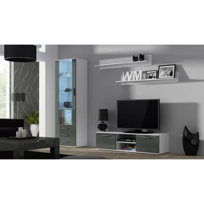 TV-kapp cama meble SOHO 140 — 1400×430×370 mm, valge pealispind, puitlaastplaat, valge raam, valge/hall läikiv