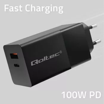 Qoltec 52382 GaN POWER PRO laadija | 1xUSB type C | 1xUSB A | 100W | 5-20V | 1.5-5A | PD | Must