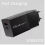 Qoltec 52382 GaN POWER PRO laadija | 1xUSB type C | 1xUSB A | 100W | 5-20V | 1.5-5A | PD | Must