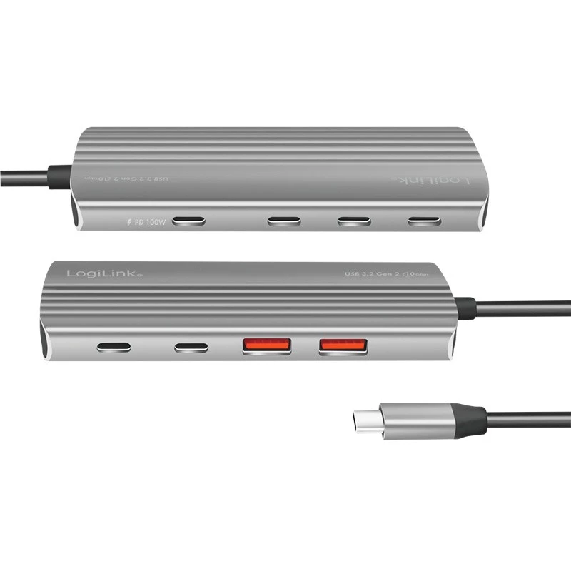 LogiLink USB 3.2 Gen2 jaotur 7+1 pordiga 2x USB-A 5x USB-C PD 100W alumiinium