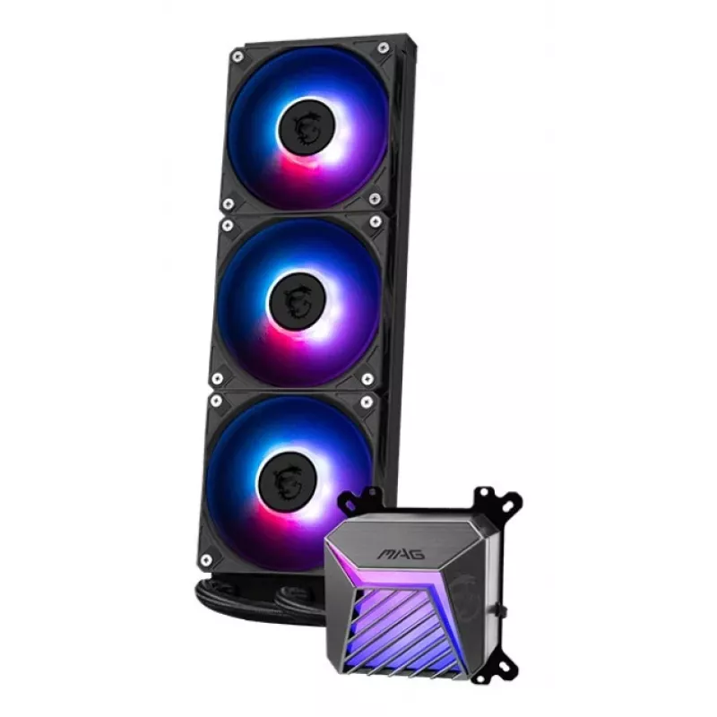 All-in-one vedelikjahuti MSI MAG Coreliquid A15 360 — 3x 120 mm ventilaatorit, radiaator 394 x 120 x 27 mm, pump 5V, RGB, toetab LGA 1851