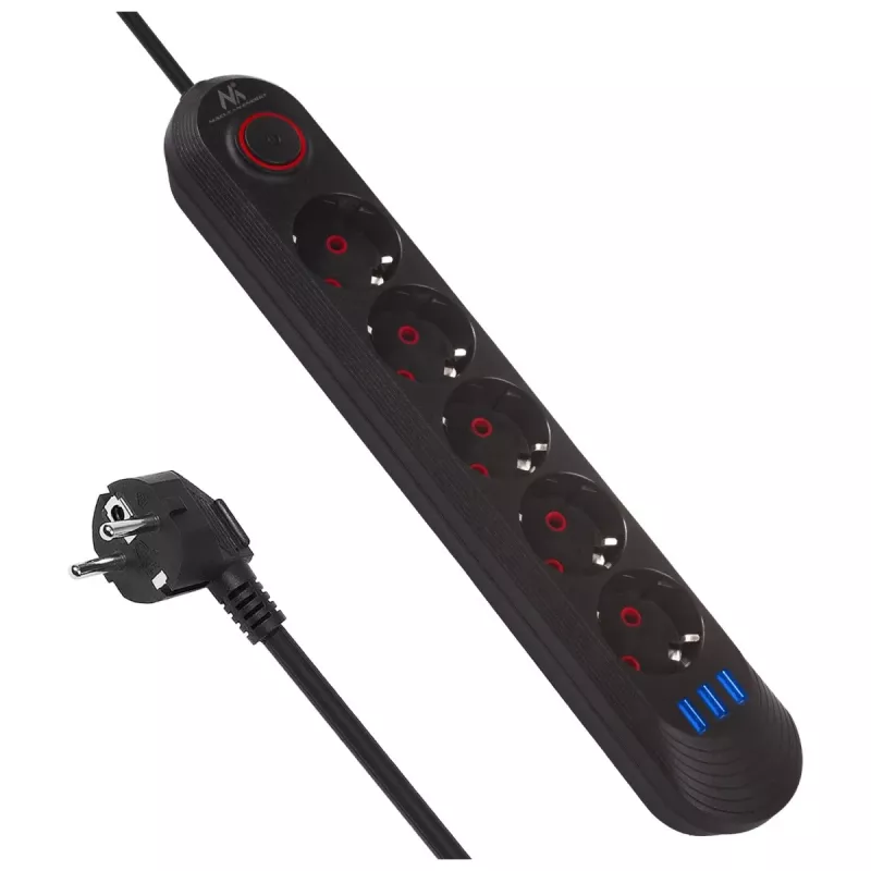 Pistikupesa MACLEAN MCE395 B — 5 pistikupesa, 3×USB, 110–240V AC, 2.1A USB, 2500W, 1.5 m kaabel, must