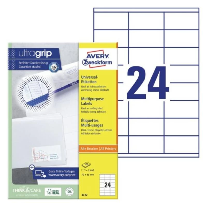 Universaalsed sildid 70x35mm InkjetLaserCopy A4 100 lehte 2400 tk Valge