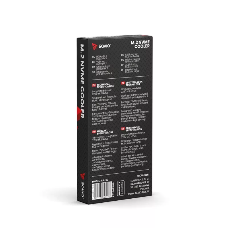Õhkjahutus SAVIO M.2 NVMe 2280 AK-60 must jahutusradiaator 22x80 mm SSD-le