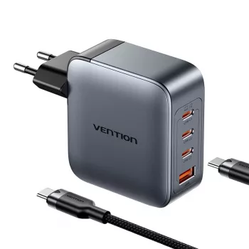 Vention toiteadapter TZ-FETH0-EU 3× USB-C + 1× USB-A 100W, PD kuni 30W C-pordi kohta, sisend 100–240V