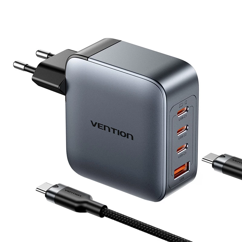 Vention toiteadapter TZ-FETH0-EU 3× USB-C + 1× USB-A 100W, PD kuni 30W C-pordi kohta, sisend 100–240V