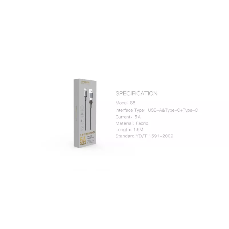 USB USB-C 2-in-1 kaabel Orsen S8, 5A, 1,5 m (kiirlaadimine/andmeedastus)