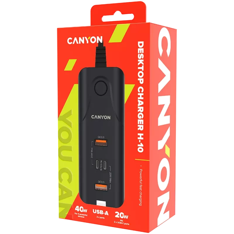 CANYON laadija H-10 PD 20W QC 3.0 18W 2USB-A 2USB-C Laua must