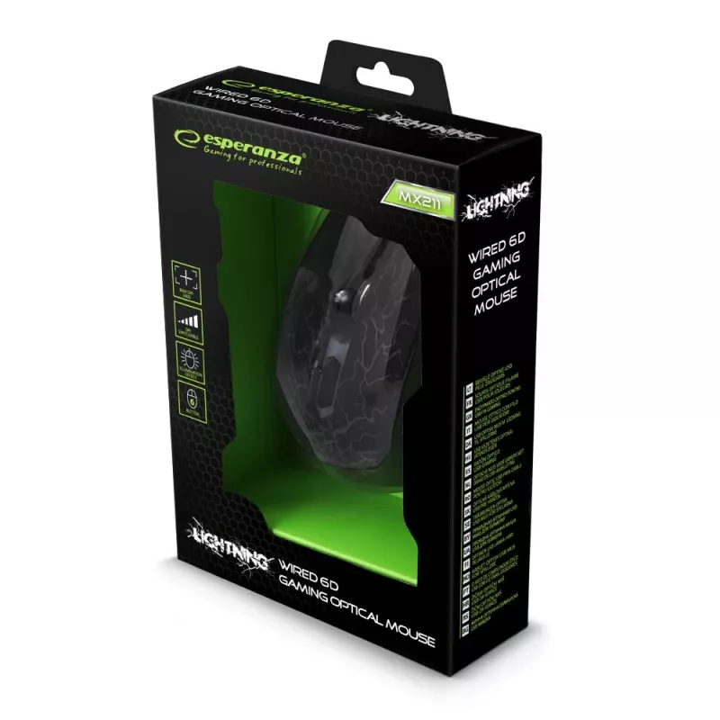 Esperanza MX211 LIGHTNING - Hiir - USB - Hiiri - Optiline - 6 nuppu - Must