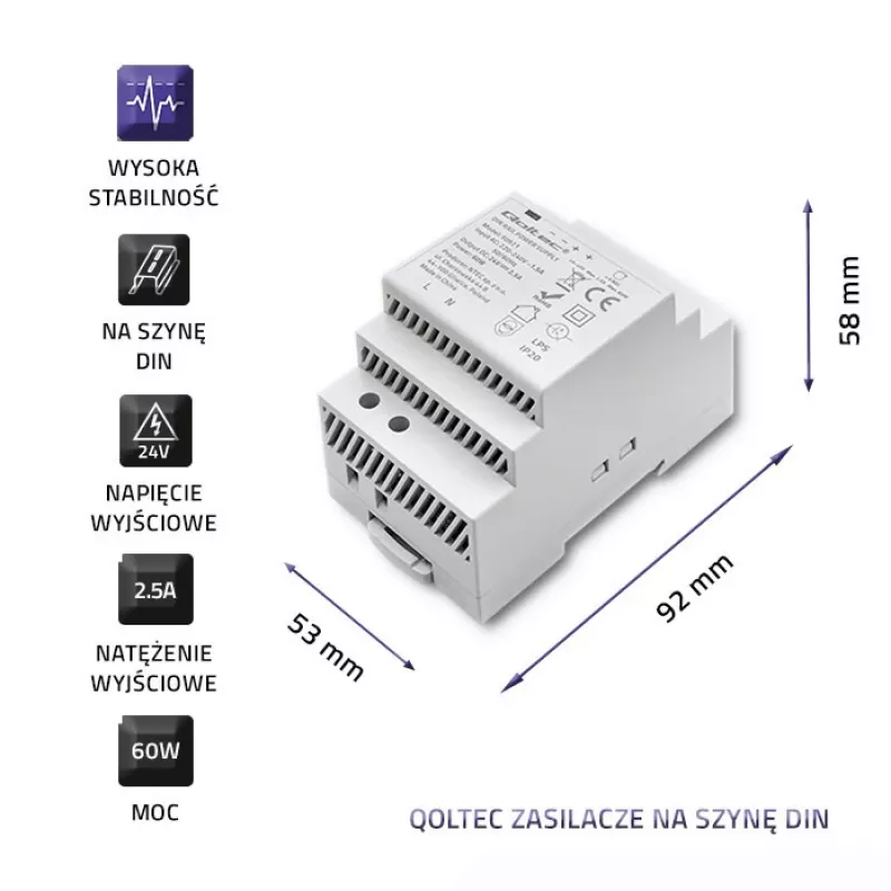 QOLTEC DIN-liistu toiteplokk 24V 2.5A 60W hall