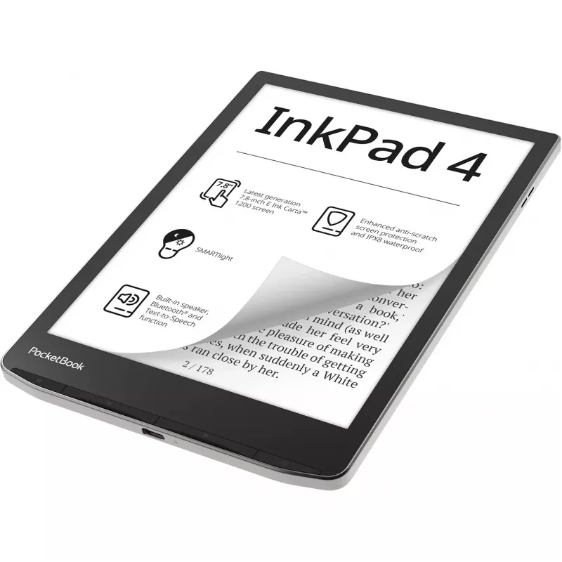 PocketBook InkPad 4 - 19,8 cm (7,8) - E Ink Carta - 1404 x 1872 pikslit - ACSM - AZW - AZW3 - CBR - CBZ - CHM - DOC - DOCX - DjVu - EPUB - EPUB DRM - FB2 - FB2.ZIP - HTM - HTML - MOB