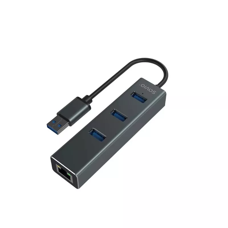 SAVIO USB-A jaotur RJ-45 Gigabit Ethernetiga AK-57 — 3× USB-A + RJ-45, USB 3.2 Gen 1 Micro‑B host, 5 Gbit/s, 4 porti, hall