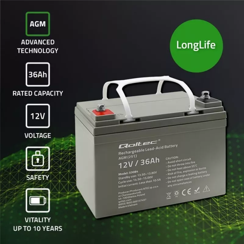 Suletud AGM UPS-aku QOLTEC 53084 12V 36Ah LongLife