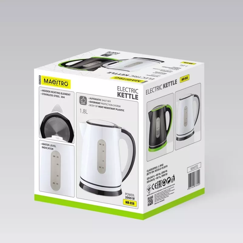 Elektriline veekeetja Maestro MR-058-Valge 1,8 L, 2000 W, juhtmevaba, eemaldatav filter