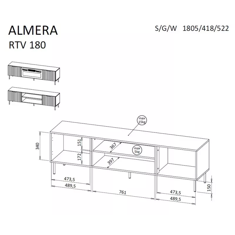 TV-kapp Cama ALMERA 180,5×42×52,5 cm pähkel/kašmiir – pealisplaat puitlaastplaadist, pähklipuust raam
