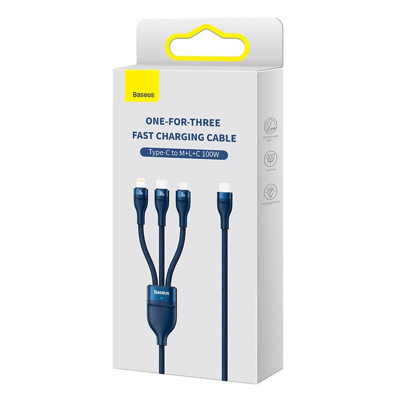 3in1 USB-kaabel Baseus Flash Series 2, USB-C + mikro-USB + Lightning, 100W, 1,5m (sinine)