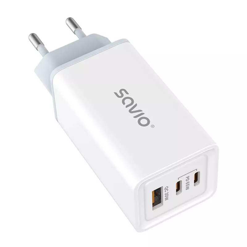 SAVIO LA-07 GaN 65W seinadapter, USB, QC4.0+, PD 3.0, Valge