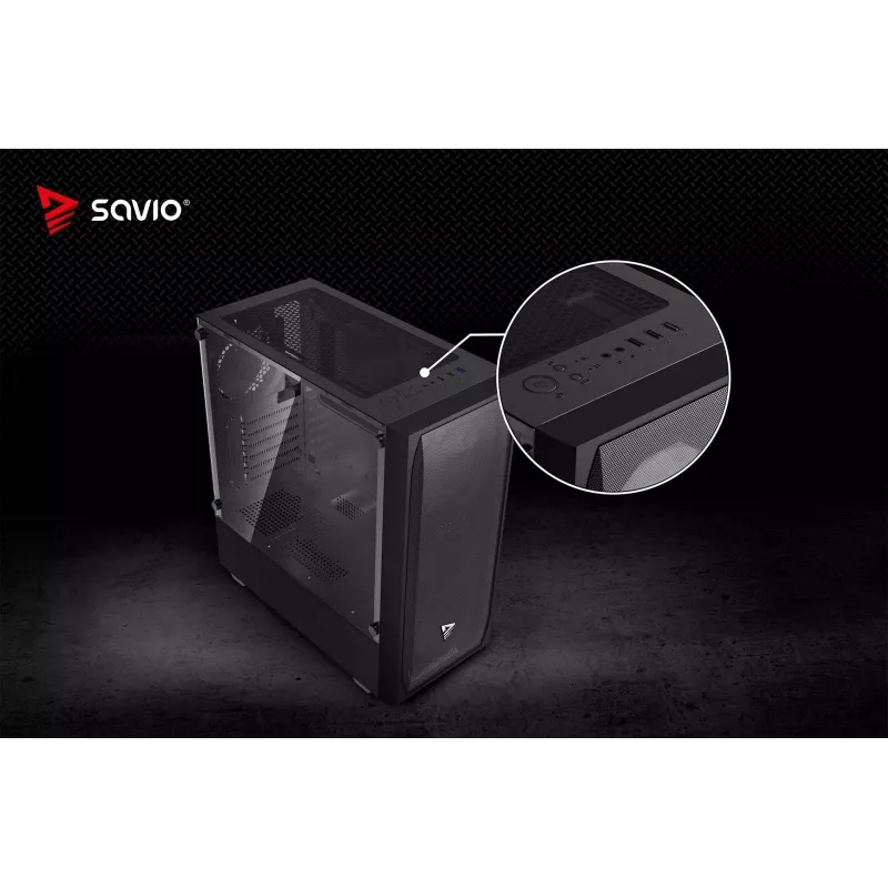 Arvuti korpus SAVIO Noctis Flow — kuubikujuline, Mini‑ITX/Micro‑ATX/ATX, 3x120 mm ees, 1x120 mm taga, 2x3,5 tolli + 3x2,5 tolli pesad, karastatud klaas
