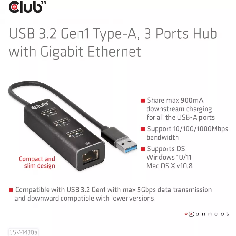 USB jaotur CLUB3D USB 3.2 Gen1 Type-A 3 pordiga ja Gigabit Ethernetiga