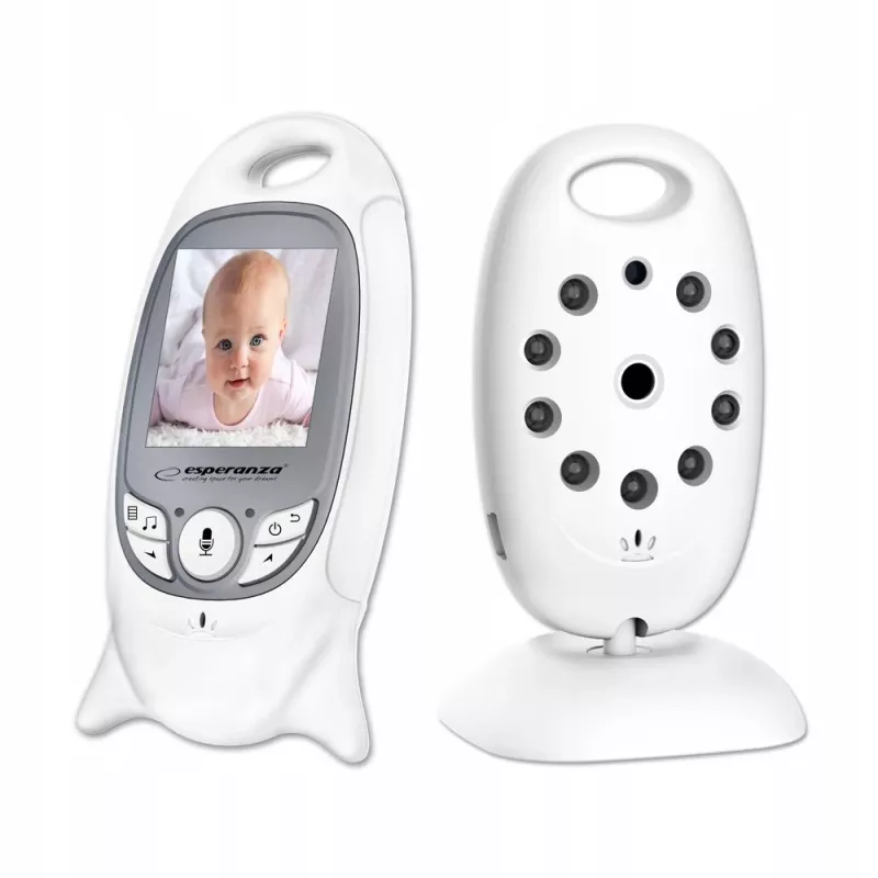 Video beebimonitor ESPERANZA EHM001 — 2-tolline LCD, 320×240 video, öövaatlus 5 m, temperatuuriandur, kuni 260 m ulatus, laetav LiPo 540 mAh