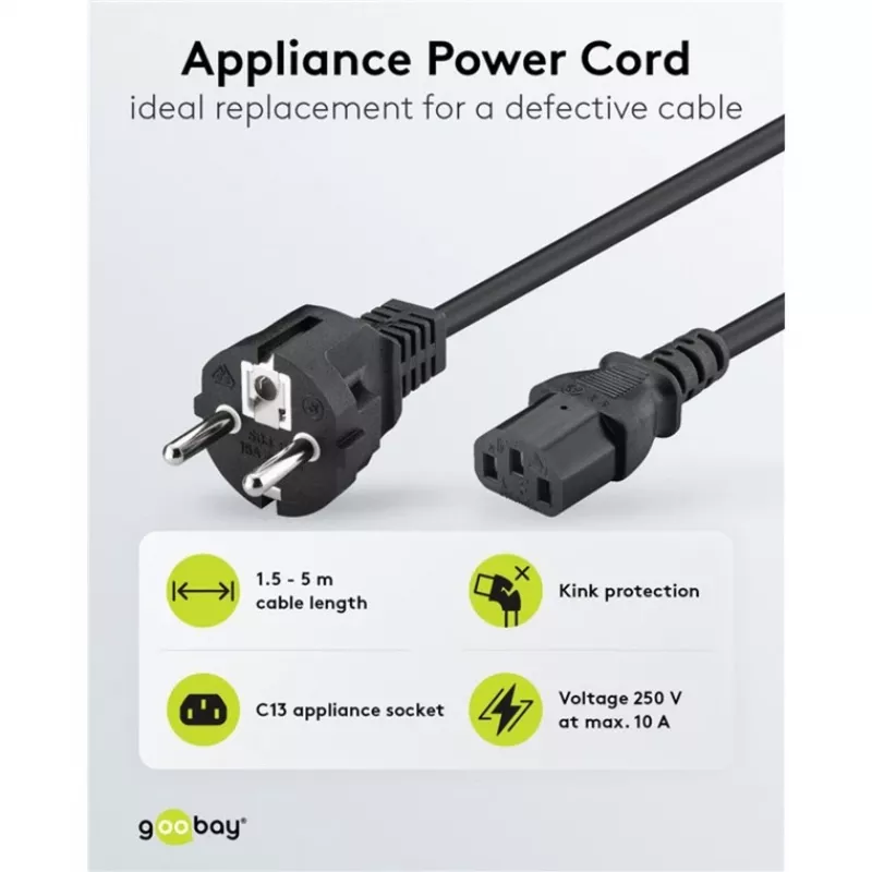 Goobay IEC-juhe 5 m must pistik tüüp F IEC C13 H05VV-F3G