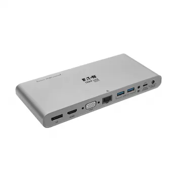 Eaton Tripp Lite USB-C dokk, kolmekordne ekraan - 4K HDMI/DisplayPort, VGA, USB 3.2 Gen 1, USB-A/USB-C jaotur, GbE, 100W PD laadimine, rahvusvahelised toitekaablid - dokkimisjaam - USB-C