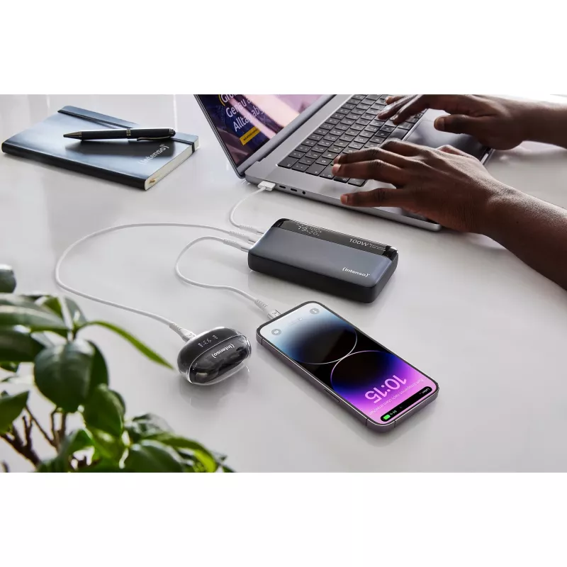 Akupank INTENSO 7350050 — 20000 mAh, 1× USB-A + 2× USB-C, 100 W koguväljundvõimsus, must/hall