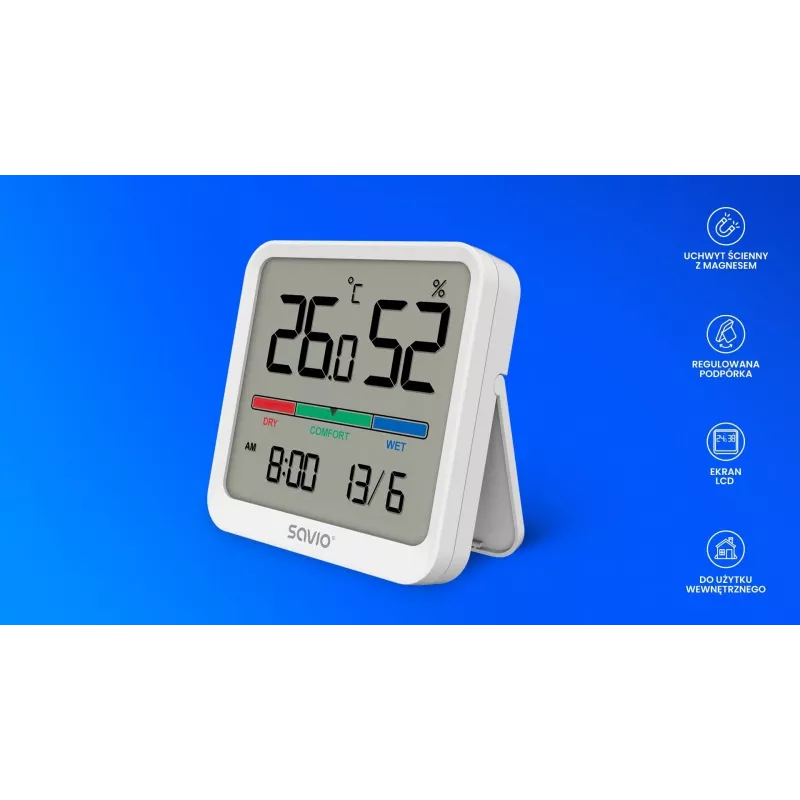 Siseõhu temperatuuri ja niiskuse andur SAVIO CT-01/W, LCD-ekraan, -10–55 °C, 10–99 % RH, aku CR2032
