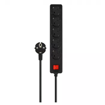 Pikendusjuhe SAVIO LZ-15 — 5 vahelduvvoolupistikut, universaalne pistik, 5 m kaabel, 2500 W, 10 A, must