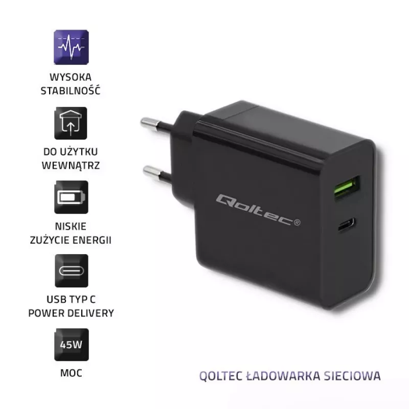 Toiteadapter QOLTEC 51717 45W 20V 3A vahelduvvoolu siseruumide laadija nutikellale, must