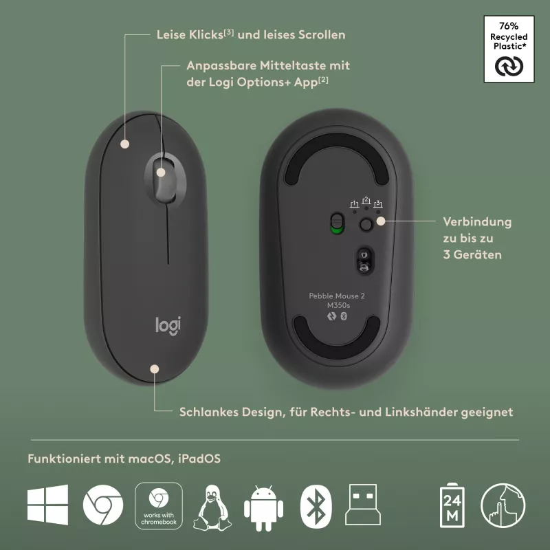 Logitech Pebble 2 Combo juhtmeta klaviatuur ja hiir QWERTZ saksa grafiit