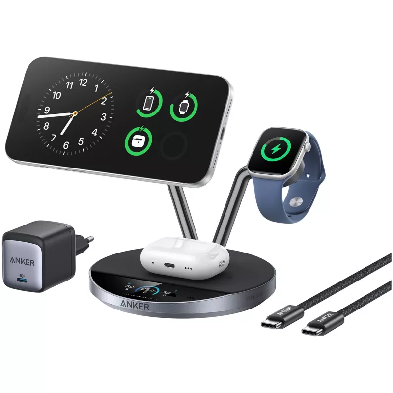 Anker Prime juhtmevaba laadimisjaam Qi2.2 25W juhtmevaba laadimine (3-in-1, MagGo, AirCool, Dock Stand) toiteplokk lisatud