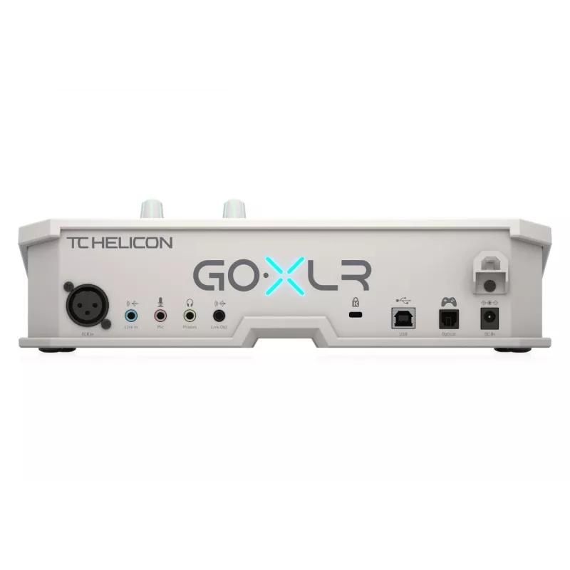 USB helimikser TC‑Helicon GO XLR‑WH valge — 1 XLR mikrosisend, USB‑B, 48 V fantoomtoide, 24‑bit/48 kHz, optiline väljund