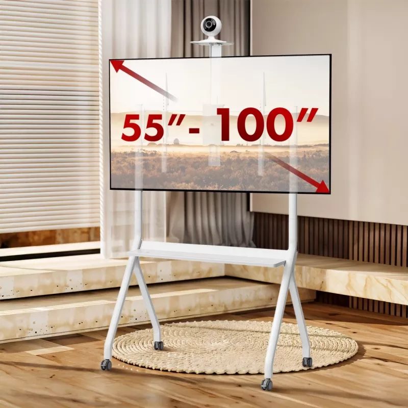 Põranda TV-alus MACLEAN MC-114 W ekraanidele 55 tolli kuni 100 tolli, valge, VESA kuni 900x600, max koormus 120 kg, kõrgus 115–152 cm, riiul