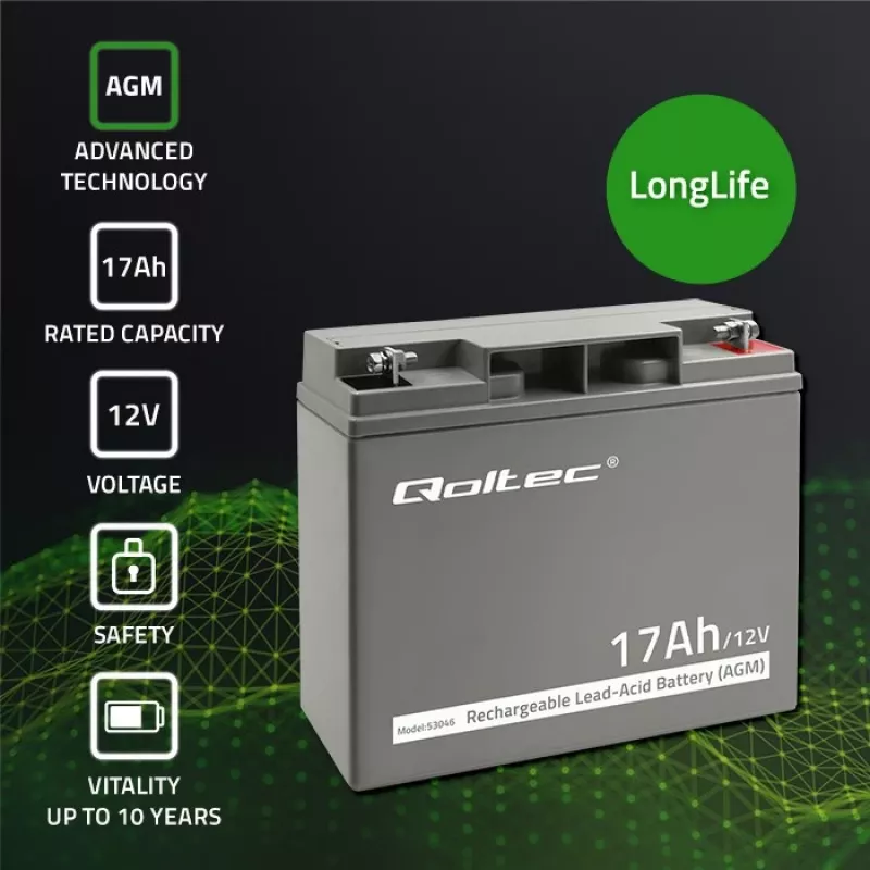 Qoltec 53046 AGM aku 12 V 17 Ah, maks. 255 A