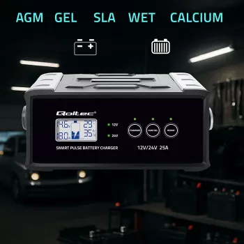 Akulaadija QOLTEC 52514 — 12V/24V, 25A, AGM/GEL/SLA akudele, LCD-ekraaniga