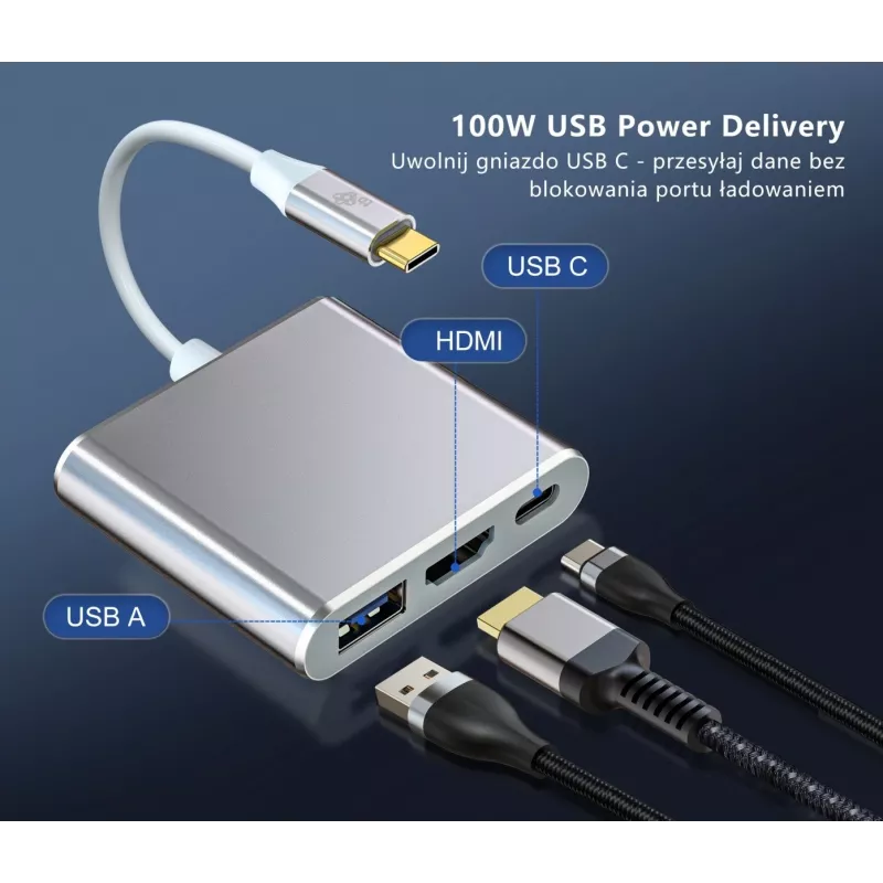 USB C adapteri jaotur TB AKTBXVAU3HMPDAV — 3-ühes: HDMI + USB-A + USB-C PD, hõbedane