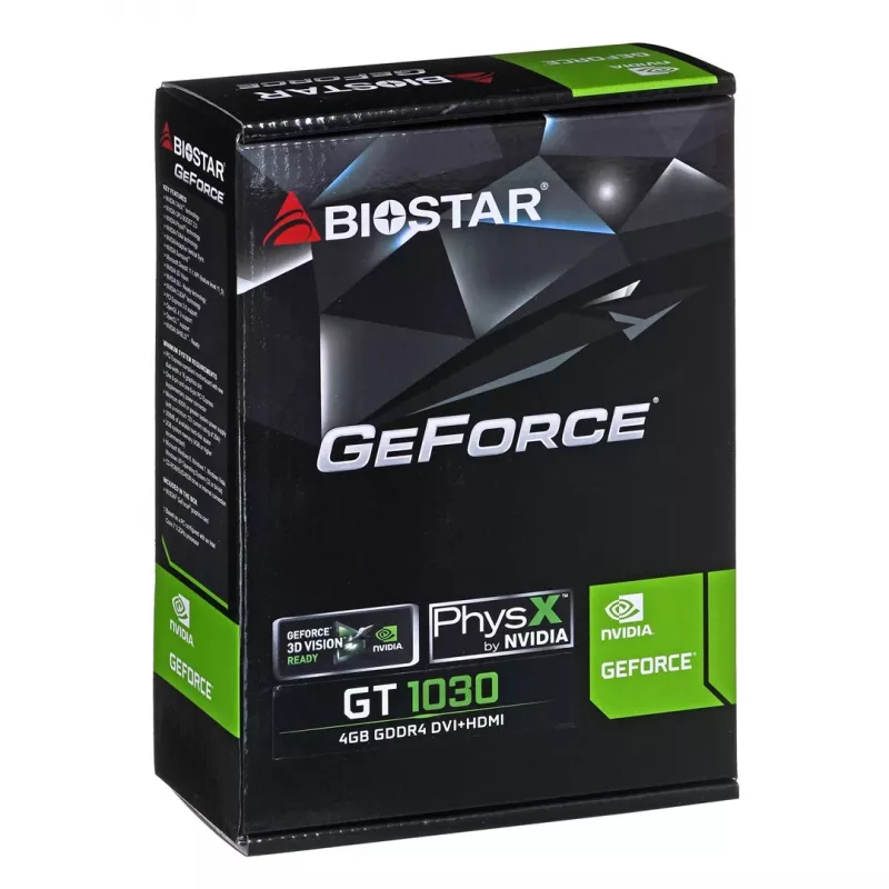 Graafikakaart BIOSTAR GeForce GT 1030 — 4 GB GDDR4, 64-bit, PCIe x16 4.0, aktiivne jahutus, DVI-D + HDMI