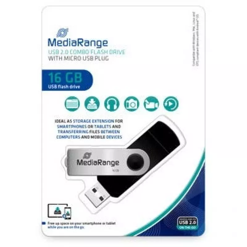 MEDIARANGE MR931-2 - 16 GB - USB Type-A / Micro-USB - 2.0 - 15 MB/s - pöördrõngas - Hõbedane - Must