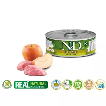 Märg kassitoit Farmina N&D Prime Boar & Apple kotike 70 g — täiskasvanud, 13% valku, 75% niiskust, gluteenivaba