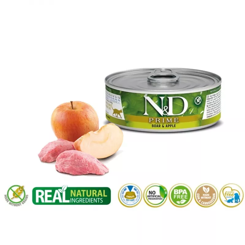 Märg kassitoit Farmina N&D Prime Boar & Apple kotike 70 g — täiskasvanud, 13% valku, 75% niiskust, gluteenivaba