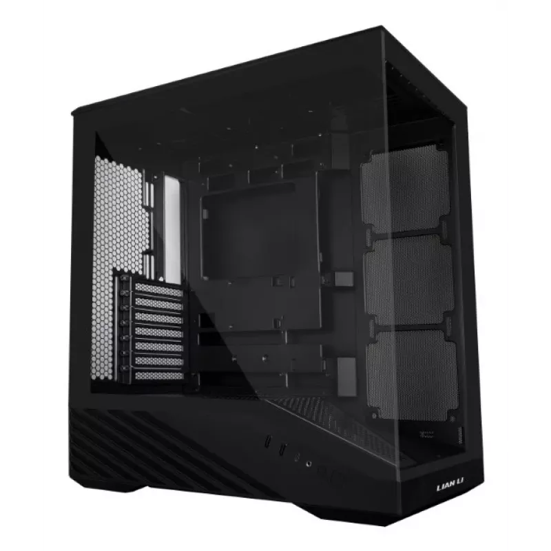 Lian Li Vector V100 Midi Tower — Must läbipaistva paneeliga, toetab 3×120 mm külje- + 1×120 mm tagumist ventilaatorit, 3,5-tolline HDD, 2,5-tolline SSD, 235,5×446×484,6 mm
