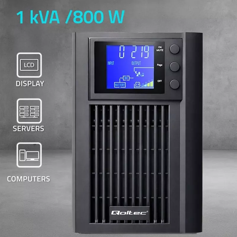 UPS QOLTEC Pure Sine Wave 1kVA 800W AVR-i ja LCD-ekraaniga