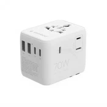 Reisiadapter GEMBIRD TPA-2A3C70-01-W — I tüüpi pistik, 3× USB-C (70W), 2× USB-A (18W), 100–250V, valge