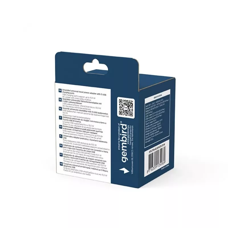 Reisiadapter GEMBIRD TPA-EU2A1C15-01-W — 15W, Type E pistik, 2× USB-A + 1× USB-C, 100–250V