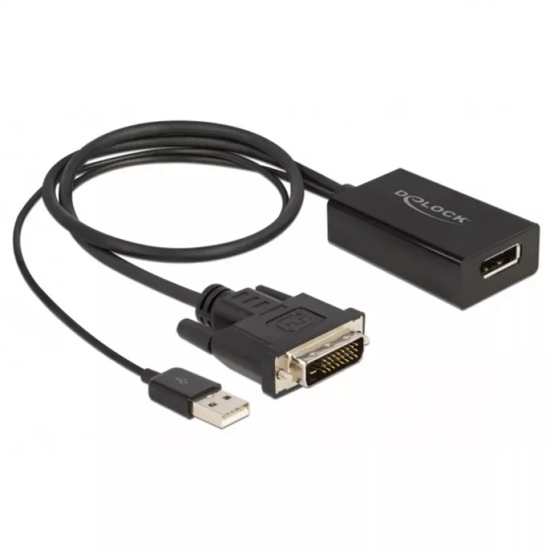 Delock - adapterkaabel - DVI-D, USB (ainult toide) (M) DisplayPortiks (W) - DisplayPort 1.2 - 50 cm - toetab 4K 30 Hz - must (63189)