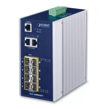 Hallatav võrgukommutaator PLANET IGS-10080MFT — 2 x Gigabit RJ-45, 8 x SFP, 12–48V DC, hallatav, IP30